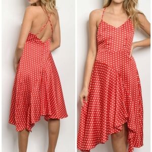 INA RED WHITE SKINNY STRAP POLKA DOT MIDI DRESS